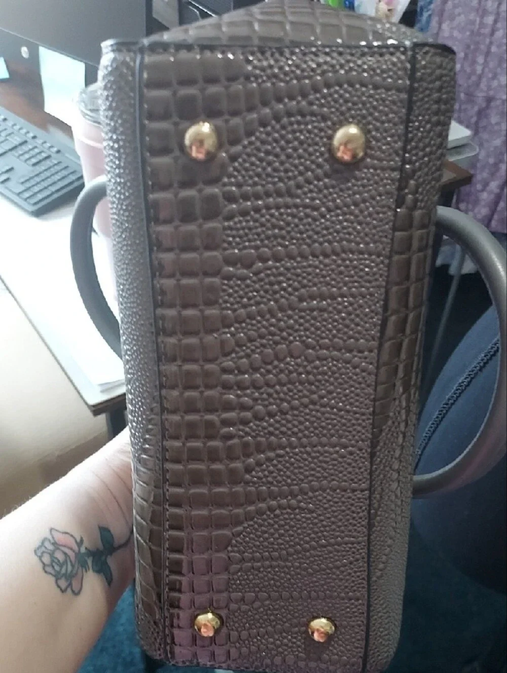 Disha Kula Gray Croc-Embossed Dome Satchel with Gold Hardware - Picture 5 of 5